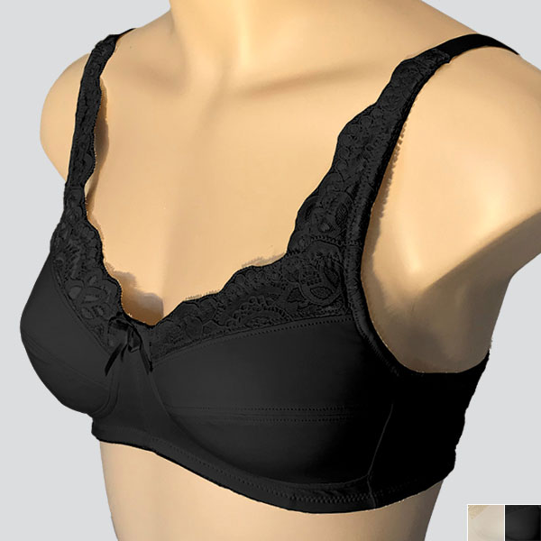 Front perspective view of the black ABC Lace Front 101 wireless bra showing the lower cleavage, and cup and strap lace.